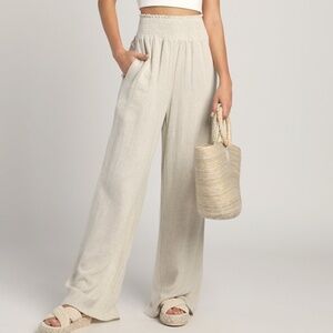 Lulus Hit The Breeze Beige Smocked Wide-leg Pants - Size Small